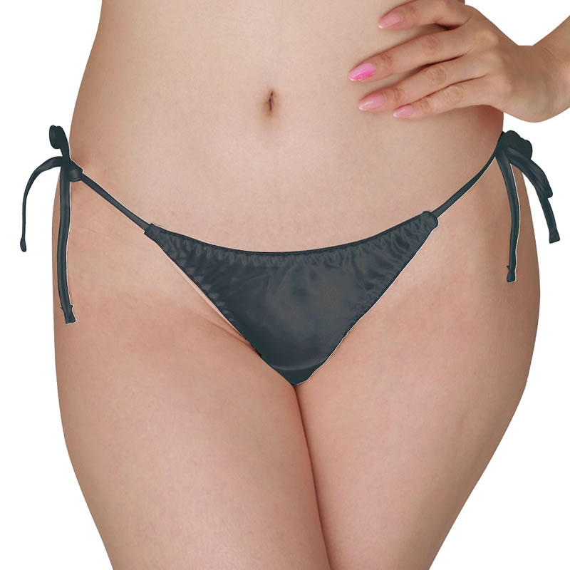 ★光沢サテン脇紐Tバック　ブラック