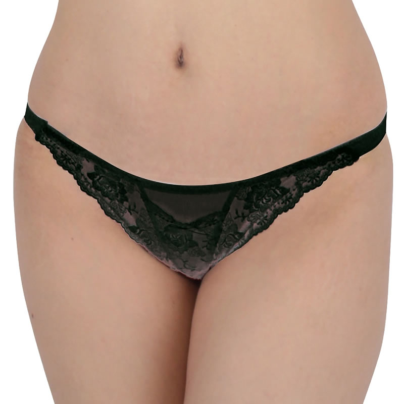 ★ローターポケット付きフラワーレースシースルーTバック　ブラック