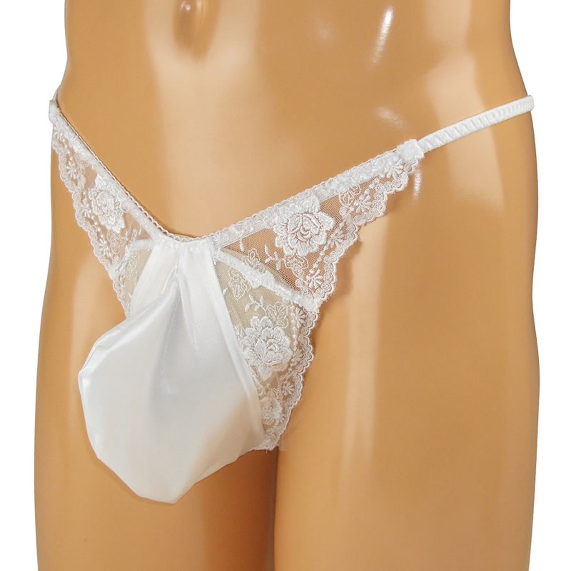 ★メンズ　光沢ストレッチレース装飾もっこりTバック　ホワイト