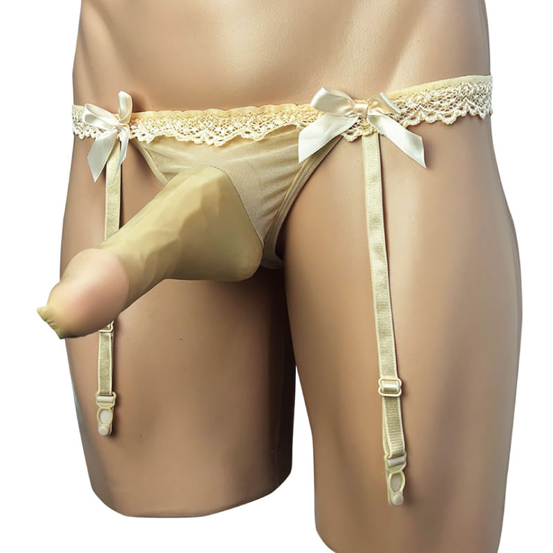 ★メンズ　ポール付レースガーターベルトTバック　スキン